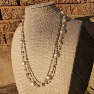 American Eagle Silver and Cream Double Layer Necklace Chain Faux Pearl Girly